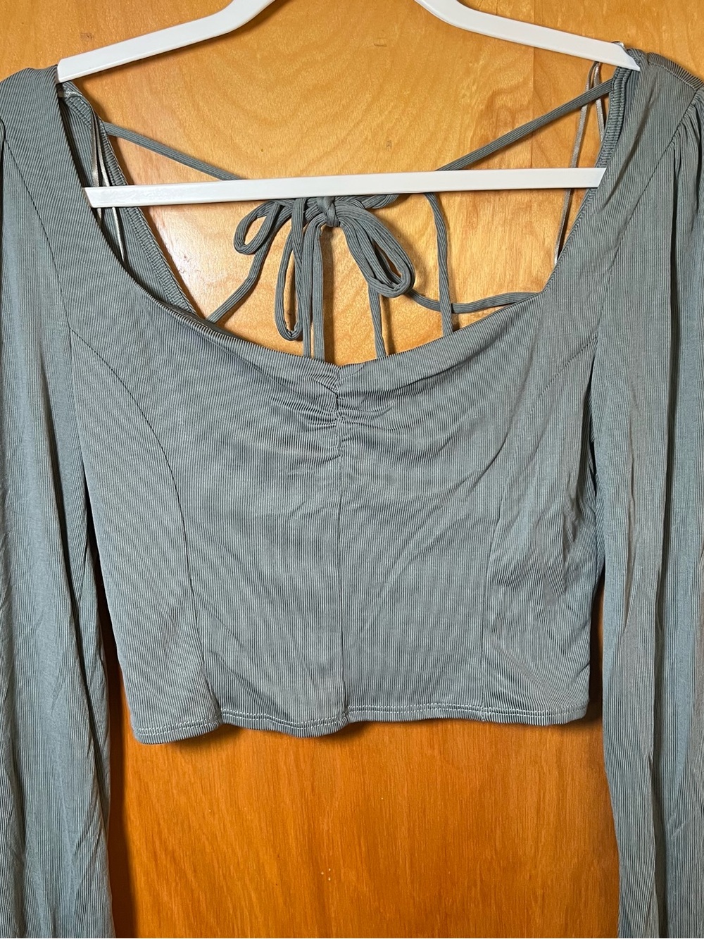 Long Sleeve Scoop Neck Tie Back Crop Top - Dark Sage Green